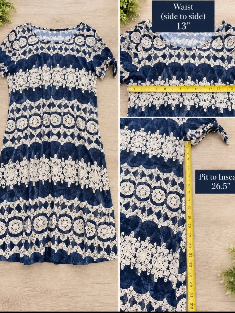 Ronni Nicole Navy & Ivory Medallion Print Tie-Sleeve Dress – Size Large